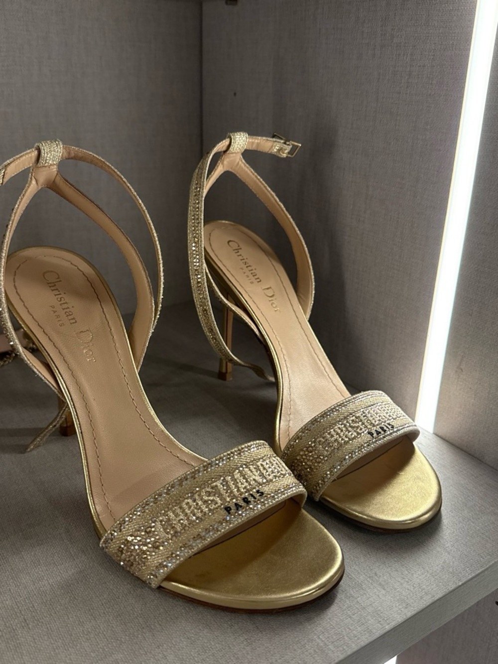 Dior Gold Crystal-Embellished Ankle-Strap Heels